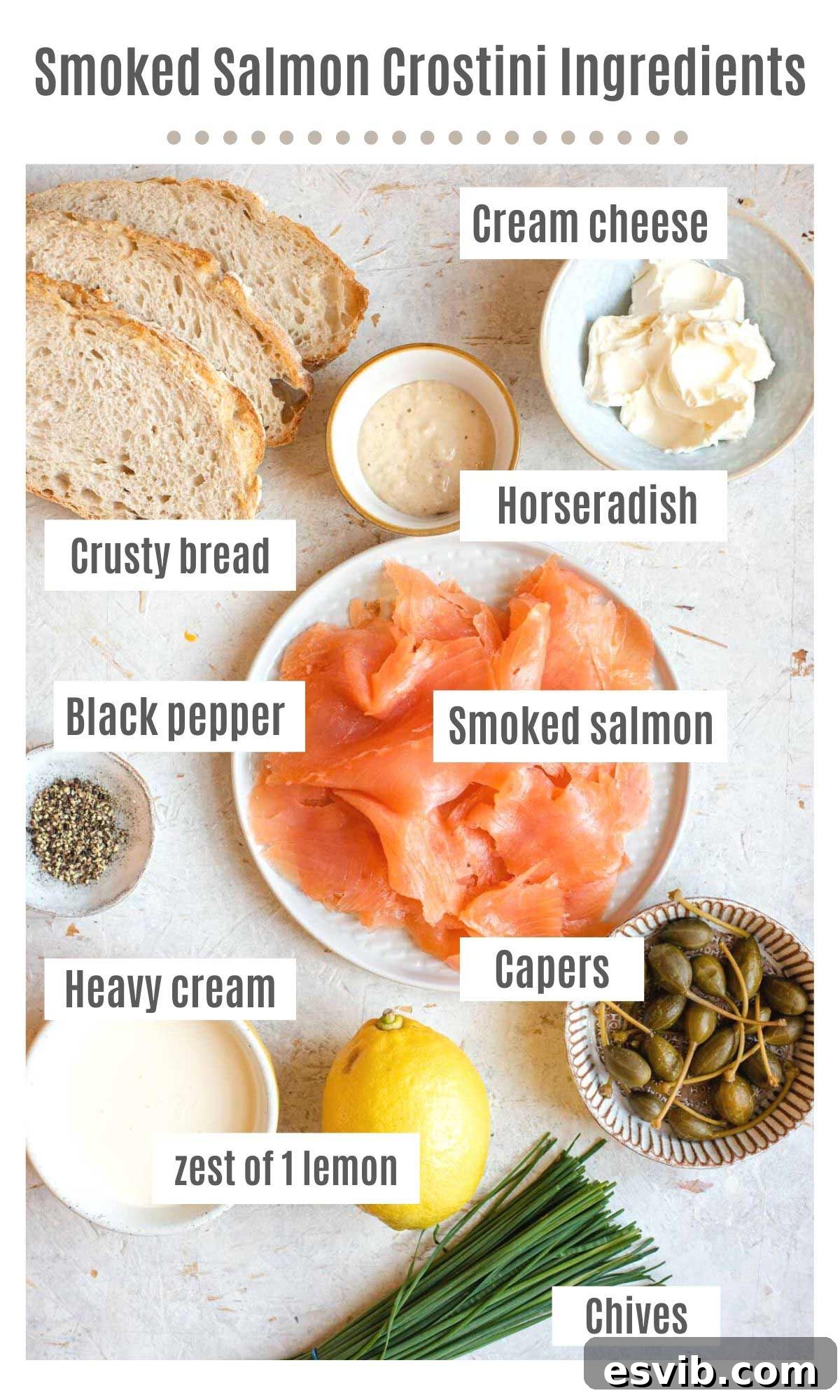 Smoked Salmon Crostini Bites 3 An overhead shot displaying all the fresh, high-quality ingredients neatly arranged for making smoked salmon crostini