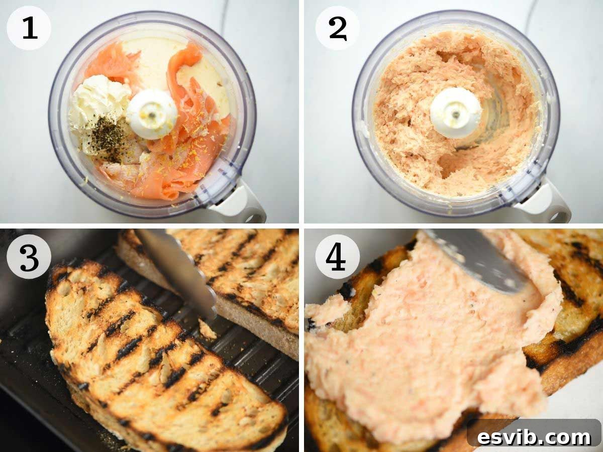 Smoked Salmon Crostini Bites 4 Step-by-step photos illustrating the process of making smoked salmon crostini, from blending the pate to toasting the bread