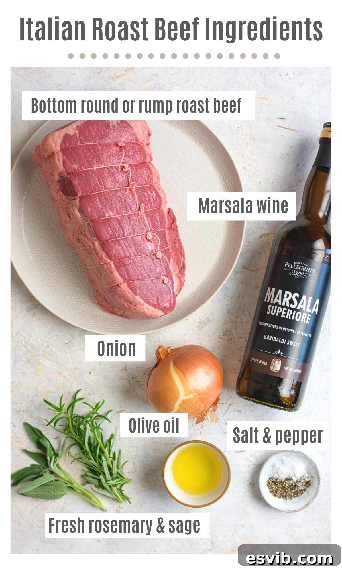 An overhead view showcasing all the fresh ingredients laid out for making Italian roast beef, including a cut of beef, Marsala wine, onions, rosemary, sage, olive oil, salt, and pepper.