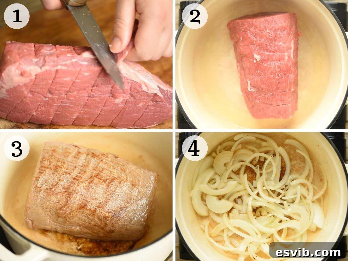A visual sequence of three steps showing the preparation of Italian roast beef: the seasoned beef, browning the beef in a Dutch oven, and the beautifully seared exterior.