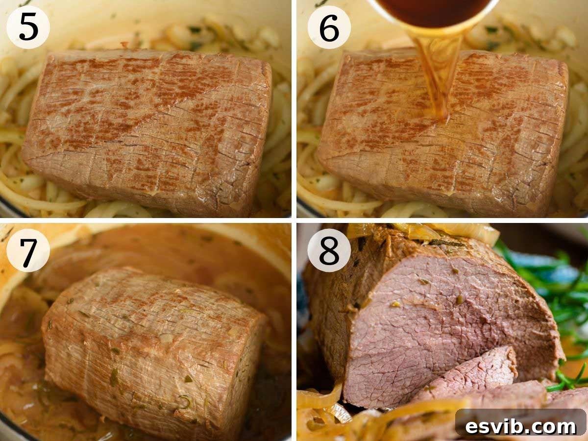 A visual sequence of three steps illustrating the cooking process of Italian roast beef: sautéing onions and herbs, the beef returning to the pot with Marsala, and the covered pot ready for roasting.
