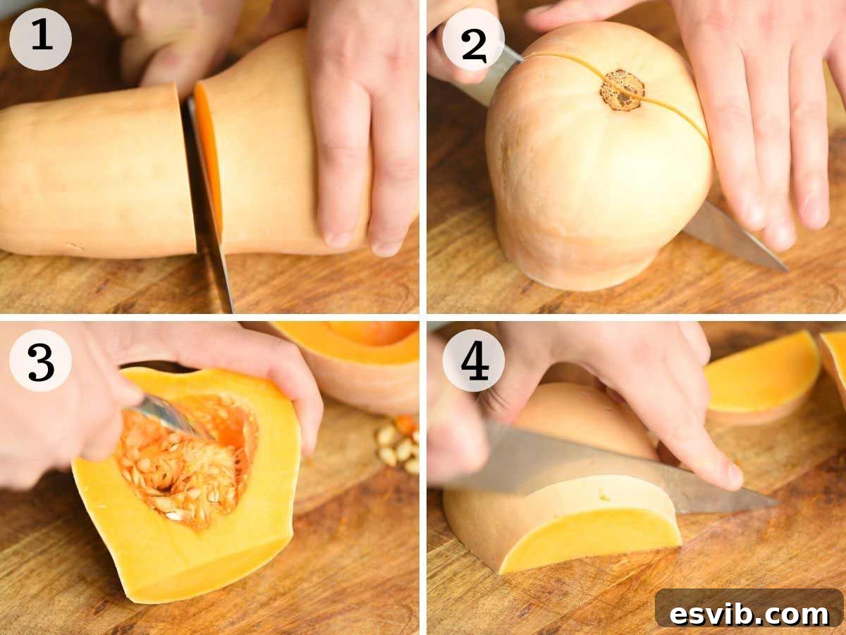 Step by step photos showing how to cut a butternut squash