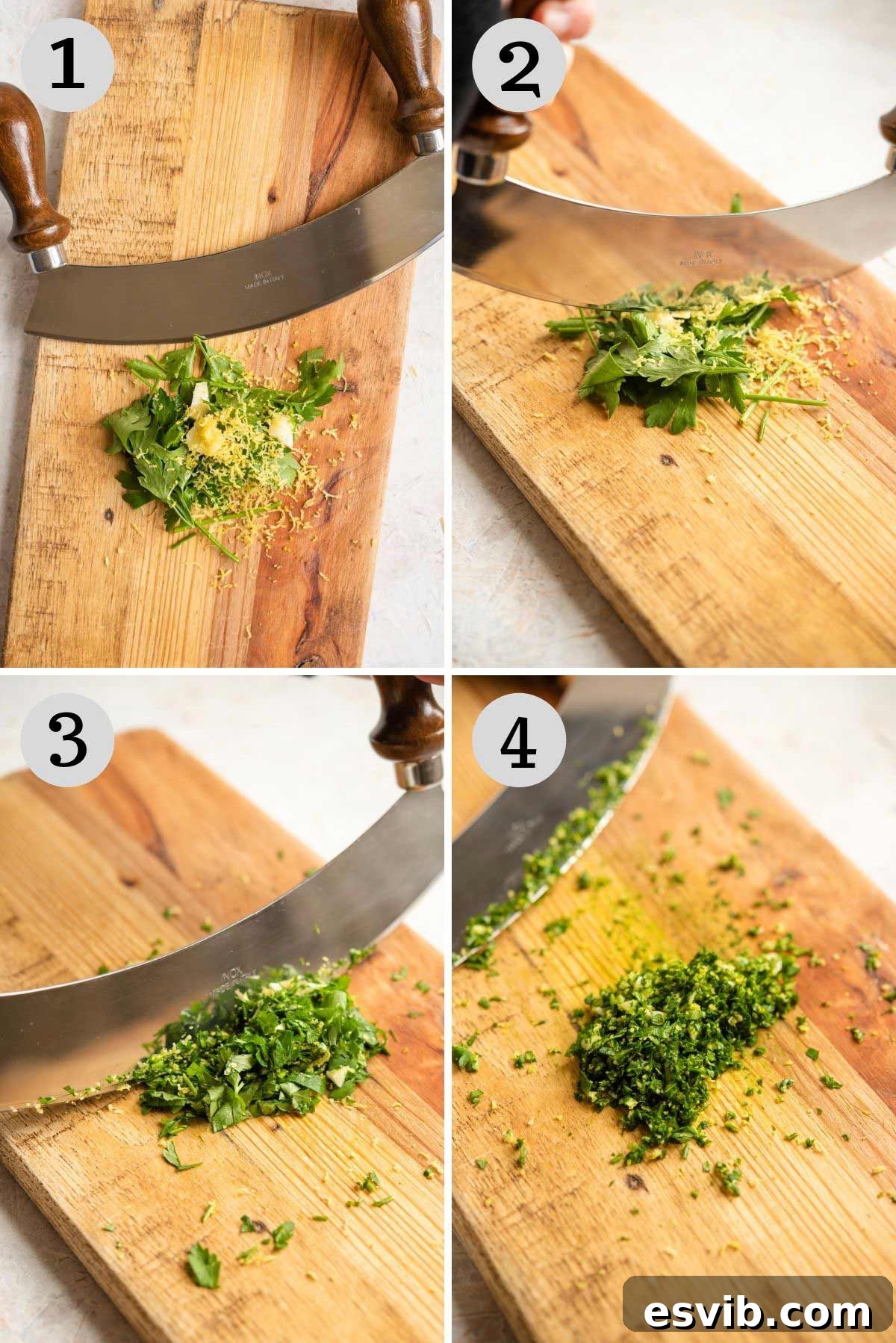 Step by step photos showing how to finely chop garlic, parsley, and lemon zest for gremolata