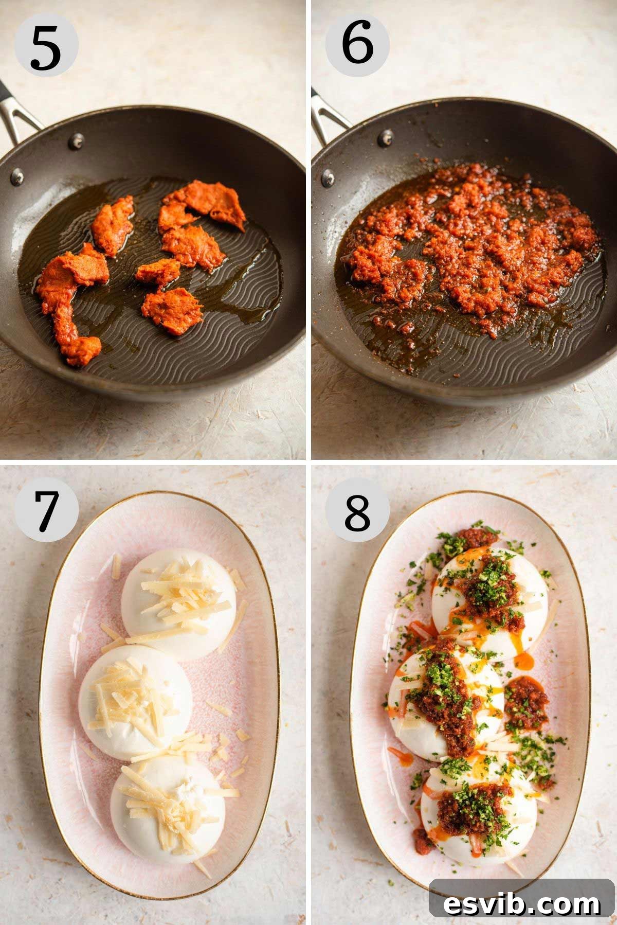 Step by step photos showing how to fry 'Nduja until crispy and assemble the burrata appetizer