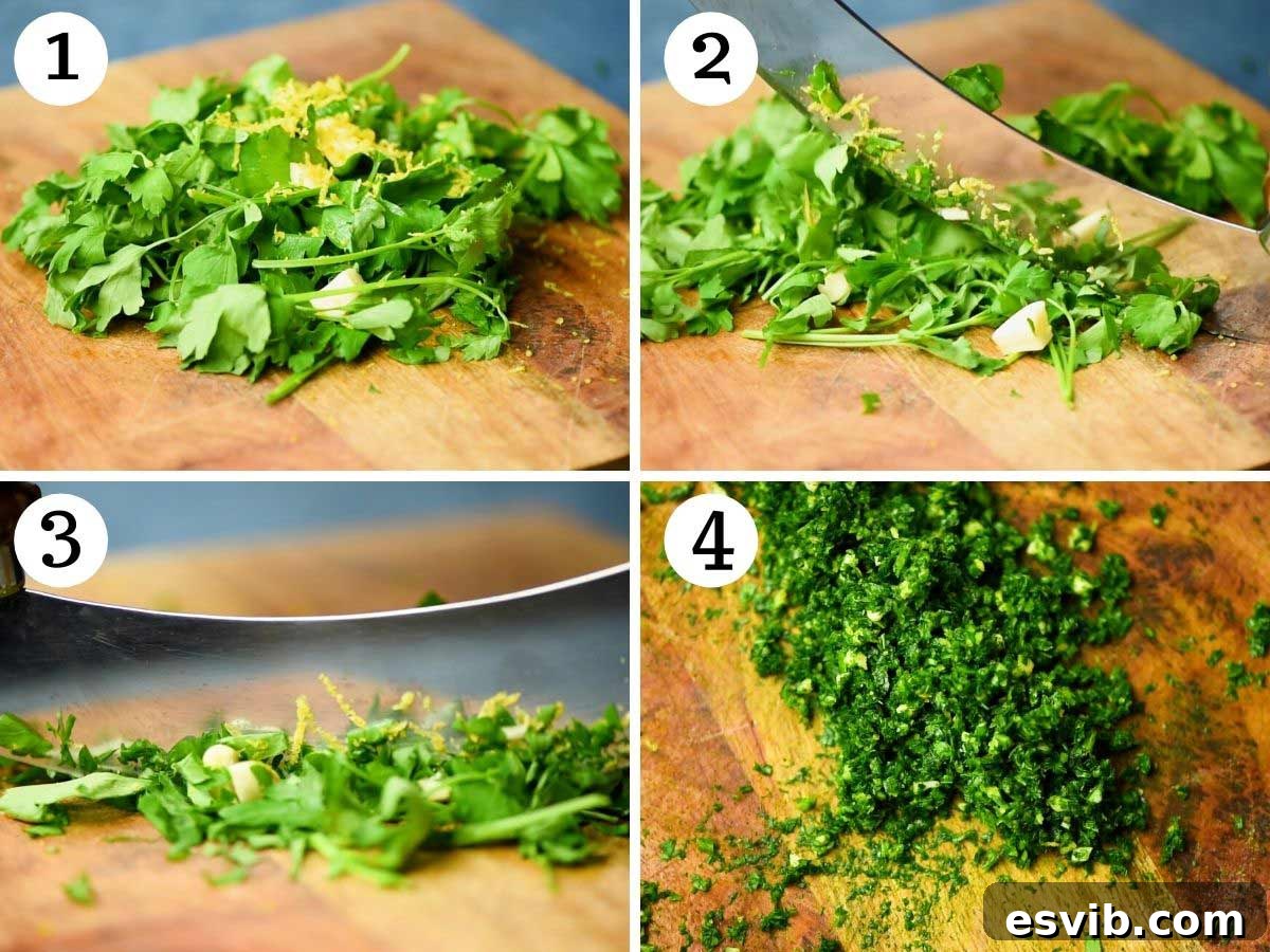 Zesty Italian Herb Gremolata 4 Step-by-step photos showing the preparation of Gremolata ingredients. Image 1 shows parsley, roughly chopped garlic, and lemon zest combined on a cutting board.