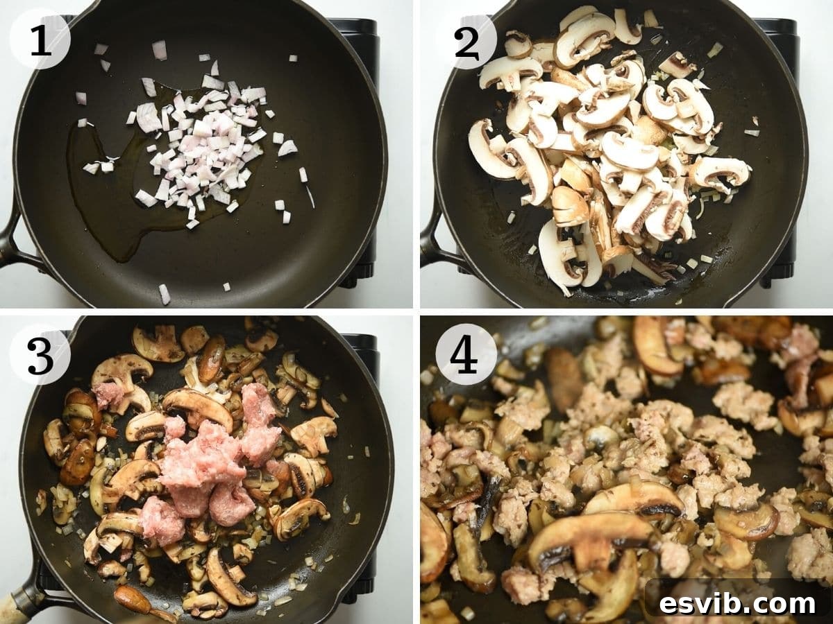 Step by step photos showing how to saute shallot, mushrooms and sausage for Pasta alla Boscaiola.