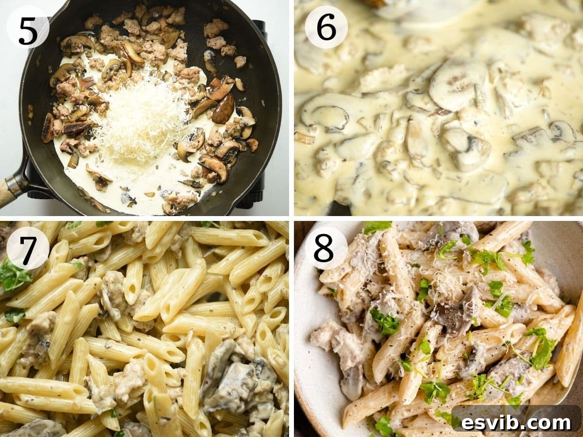 Step by step photos showing how to make the creamy sauce for Pasta alla Boscaiola.
