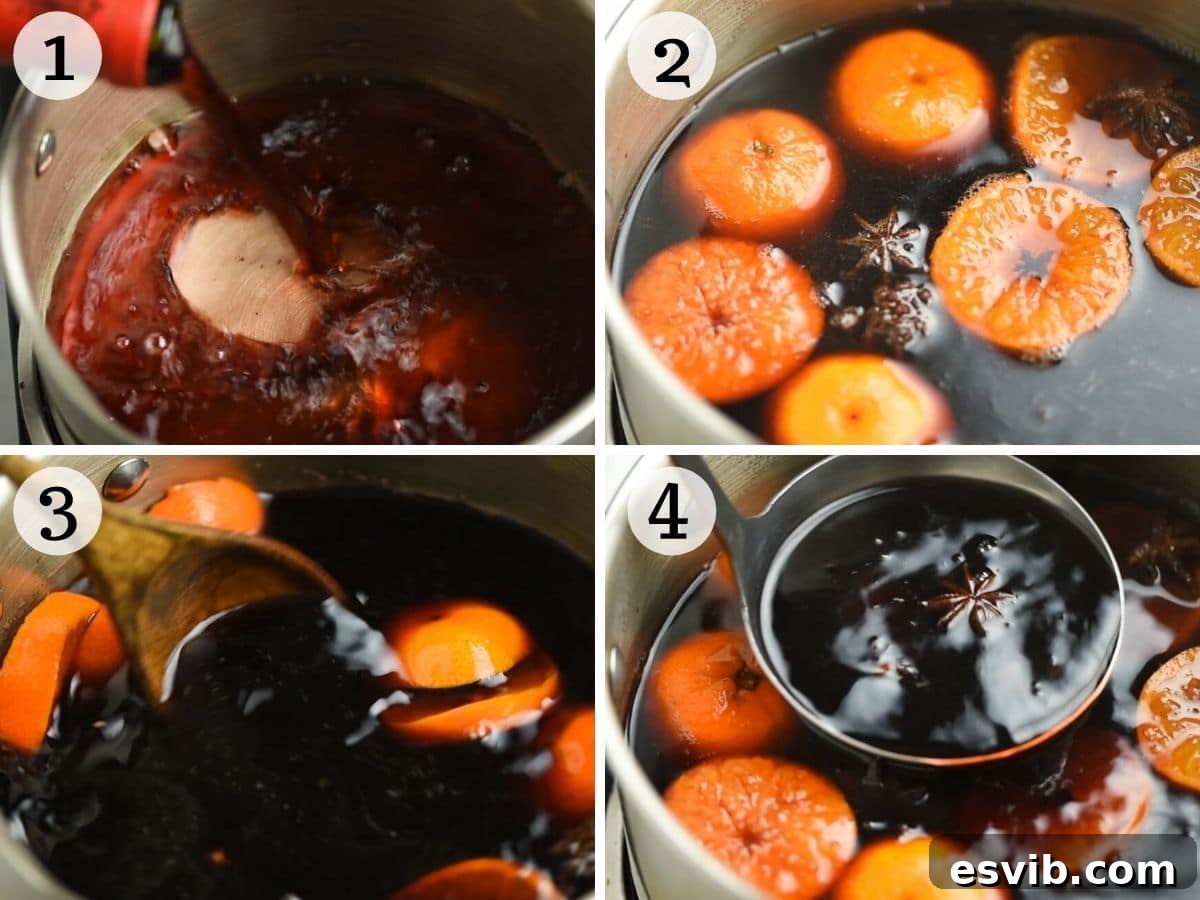 Step by step photos showing how to make mulled wine with amaretto, from combining ingredients to simmering