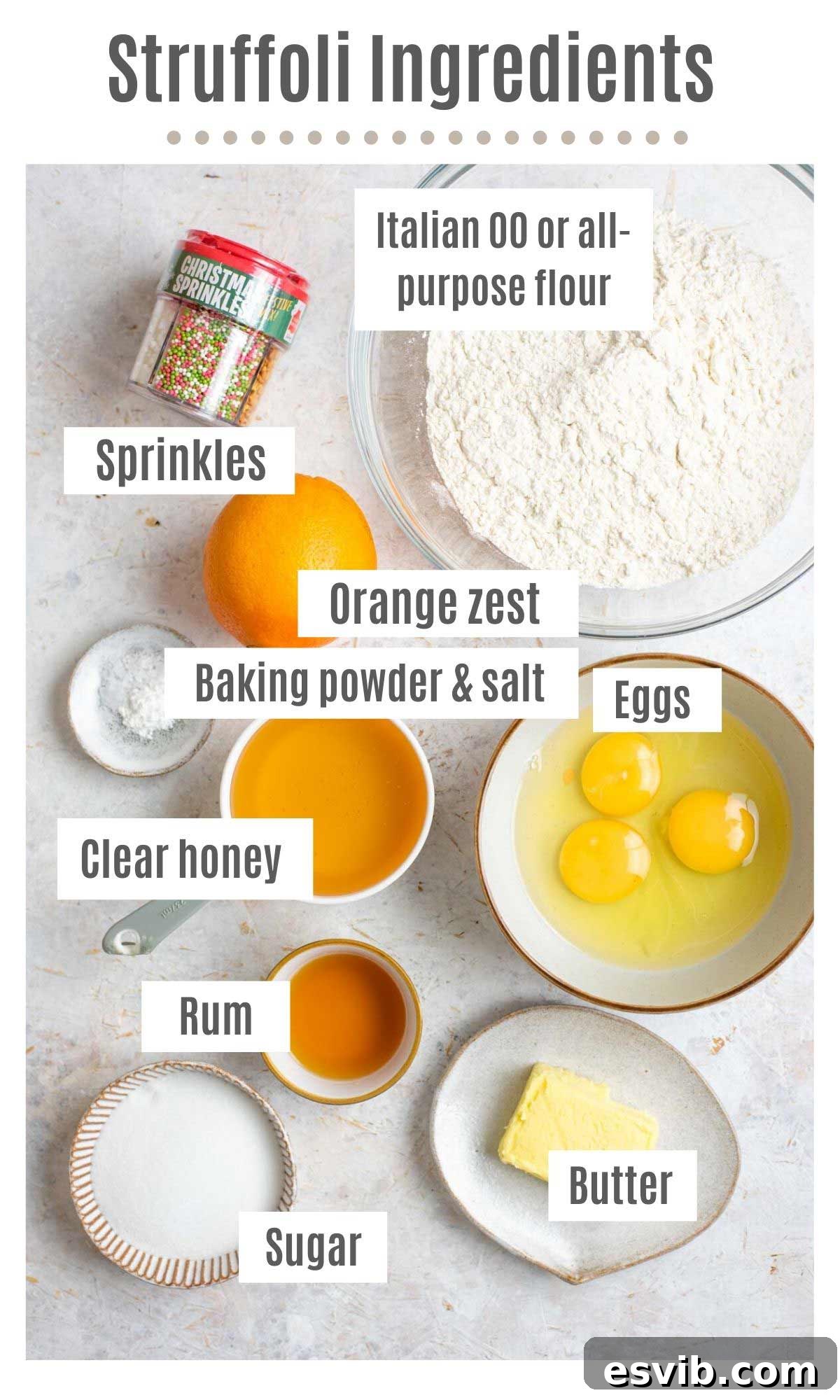 Struffoli Classic Italian Honey Fritters 3 An overhead shot of all the ingredietns you need to make Struffoli