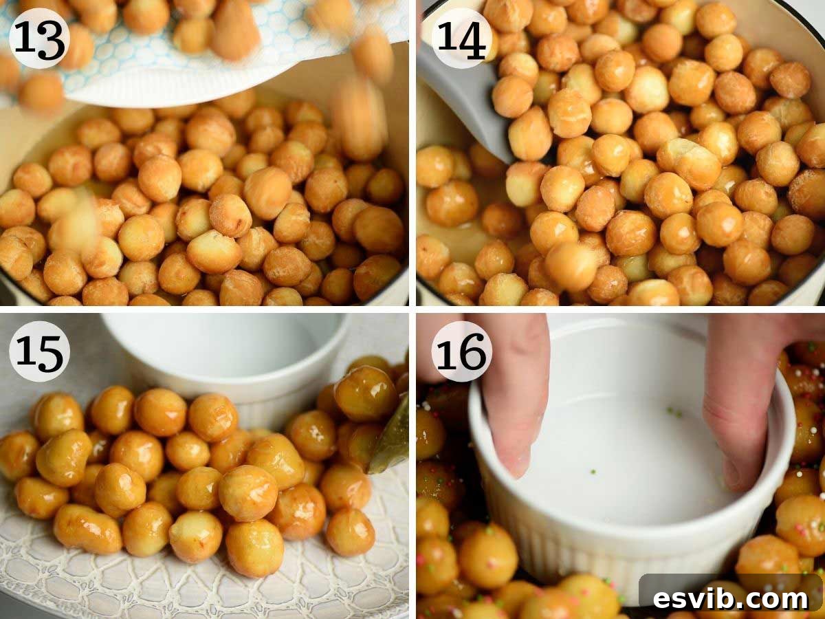 Struffoli Classic Italian Honey Fritters 7 Step by step photos showing how to toss struffoli in honey and assemble them in a ring shape