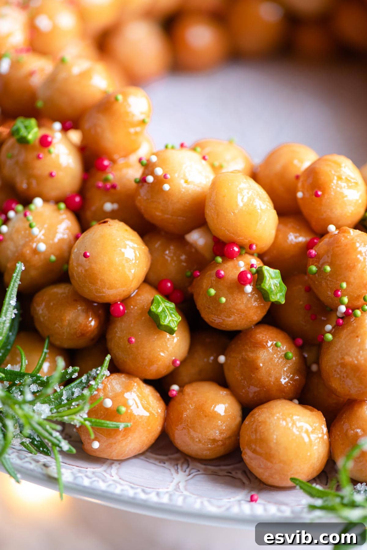 Struffoli Classic Italian Honey Fritters 8 A close up of struffoli Italian honey balls