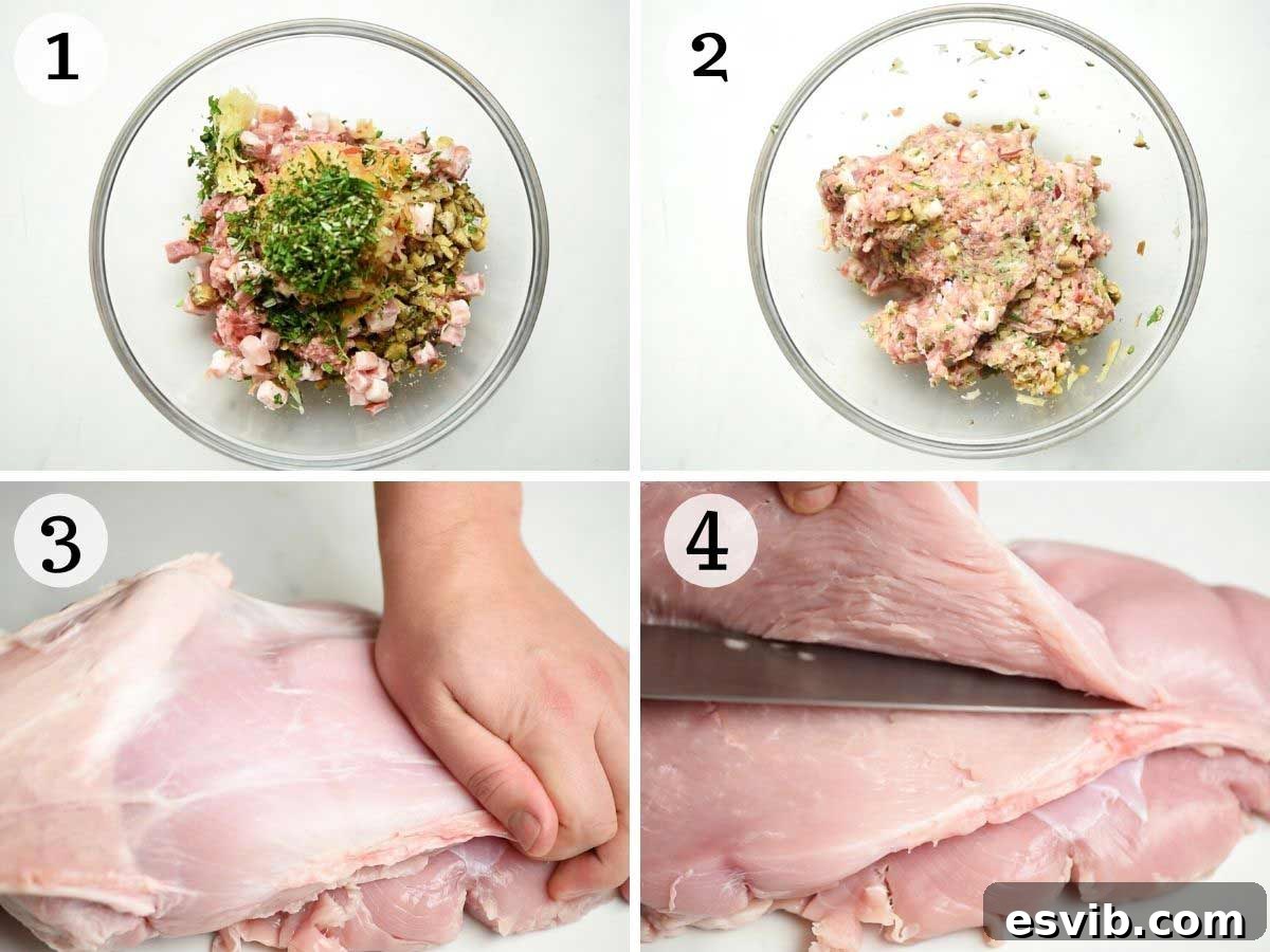 Step-by-step photos illustrating the preparation of the sausage stuffing mixture in a bowl, followed by the careful butterflying of a boneless turkey breast on a cutting board.