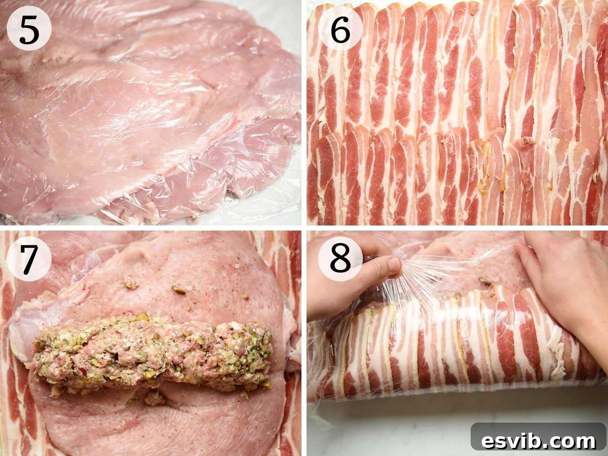 Step-by-step photos demonstrating how to flatten a butterflied turkey breast, then spread the sausage and chestnut stuffing evenly, and finally, carefully roll the turkey breast into a compact log shape.