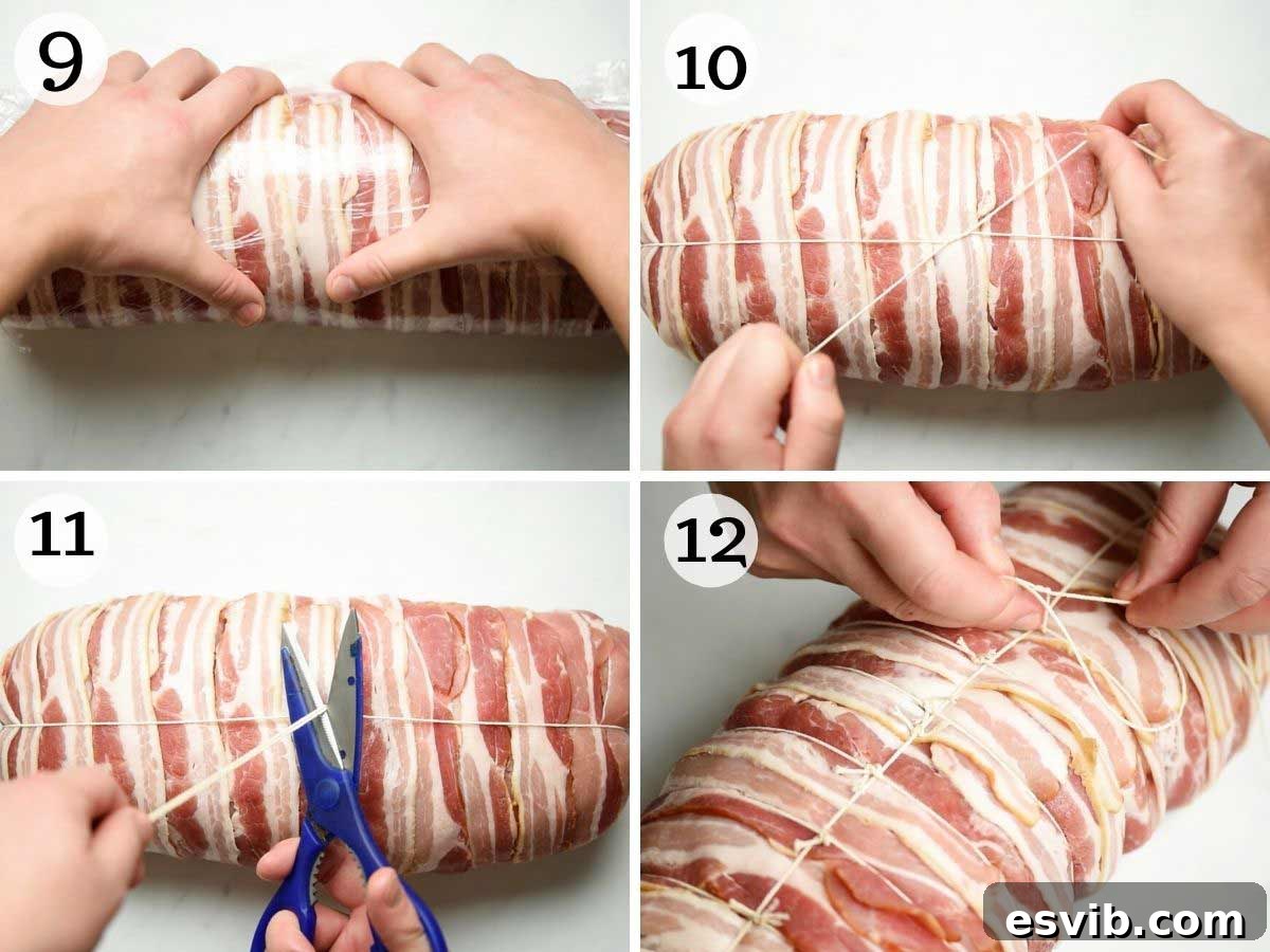 Step-by-step photos illustrating the process of securing the rolled stuffed turkey breast with kitchen string, showing knots tied along its length.