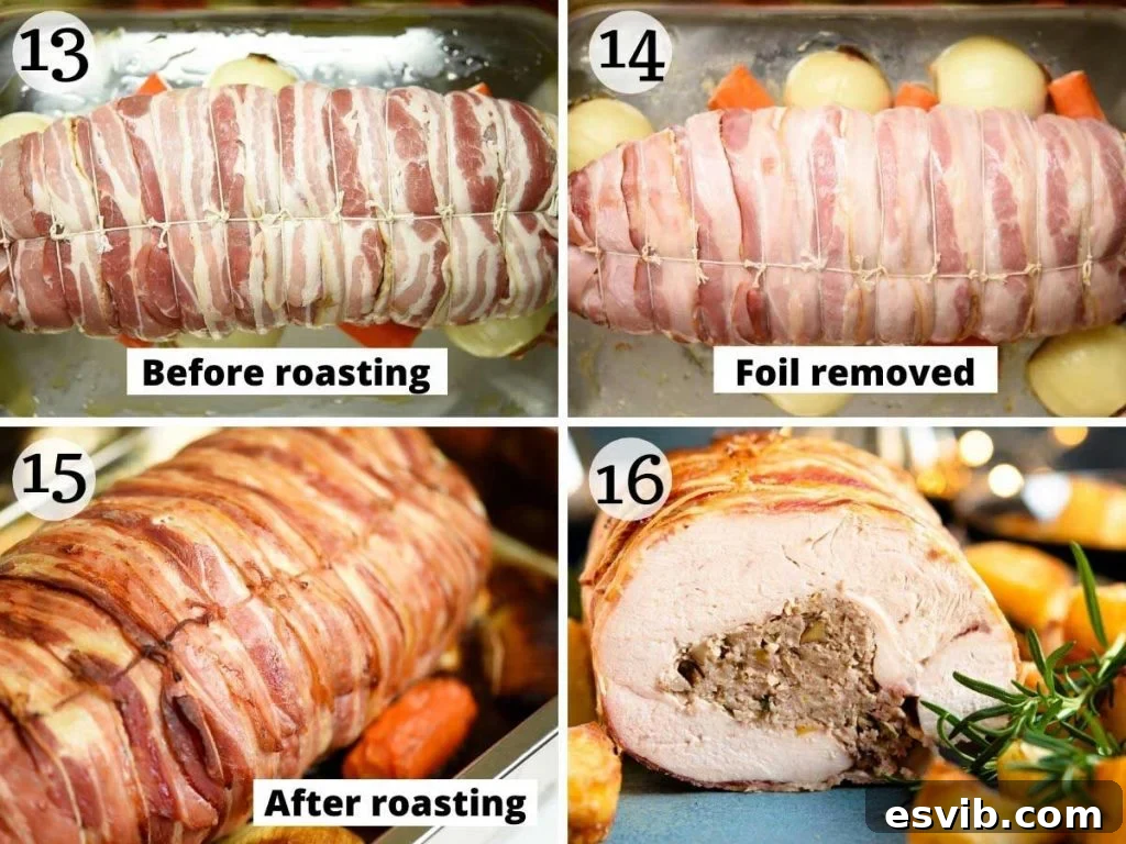 Side-by-side comparison photos showing the stuffed turkey breast tied and ready for roasting, and then after being roasted to a golden, crispy perfection.