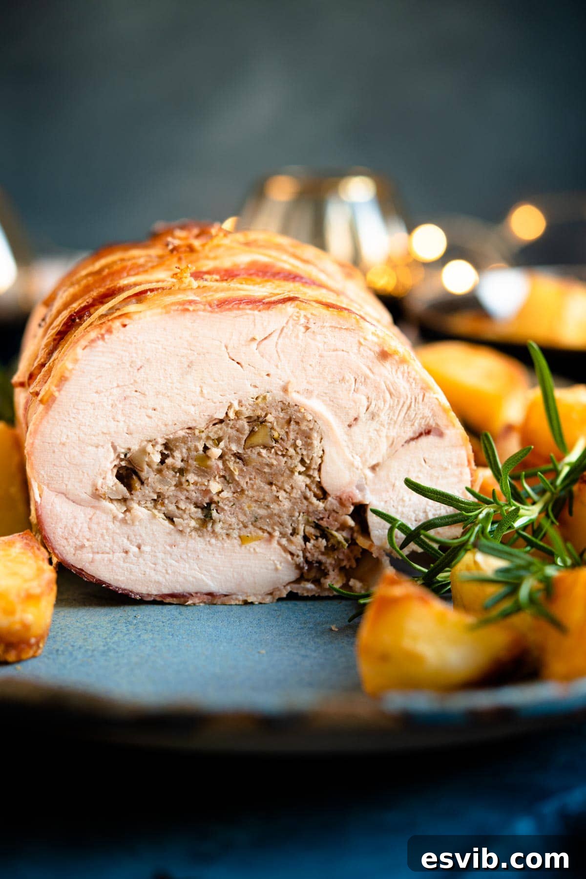 A close-up shot of a thick slice of the Sausage & Chestnut Stuffed Turkey Breast on a white plate, showcasing the vibrant stuffing and perfectly cooked turkey, drizzled with gravy.
