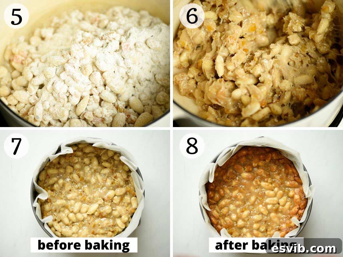 Panforte: Tuscany's Rich Fruit and Nut Confection 5 Step by step photos showing panforte before and after baking