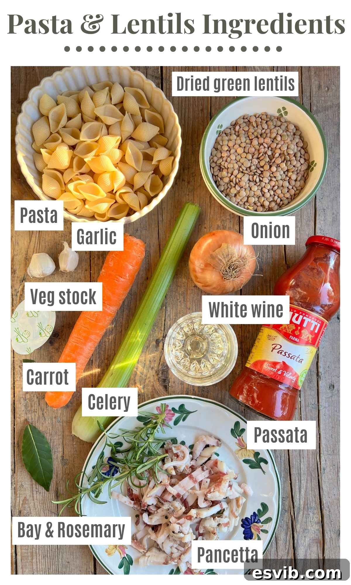 An overhead shot showcasing all the fresh, high-quality ingredients required for making authentic pasta and lentils. Labels clearly indicate pasta, dried green lentils, passata, carrot, celery, onion, bay leaf, rosemary, pancetta, white wine, and garlic.