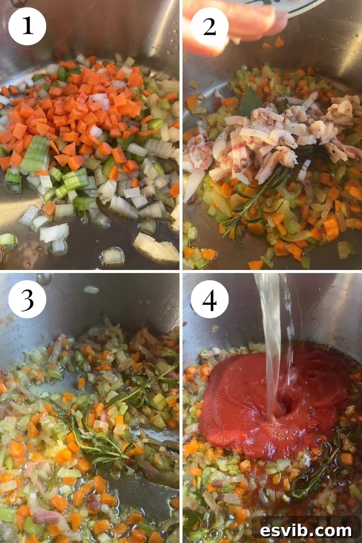 A four-photo collage demonstrating the initial steps of the recipe: sautéing soffritto vegetables, then adding pancetta and aromatic herbs to the pot.