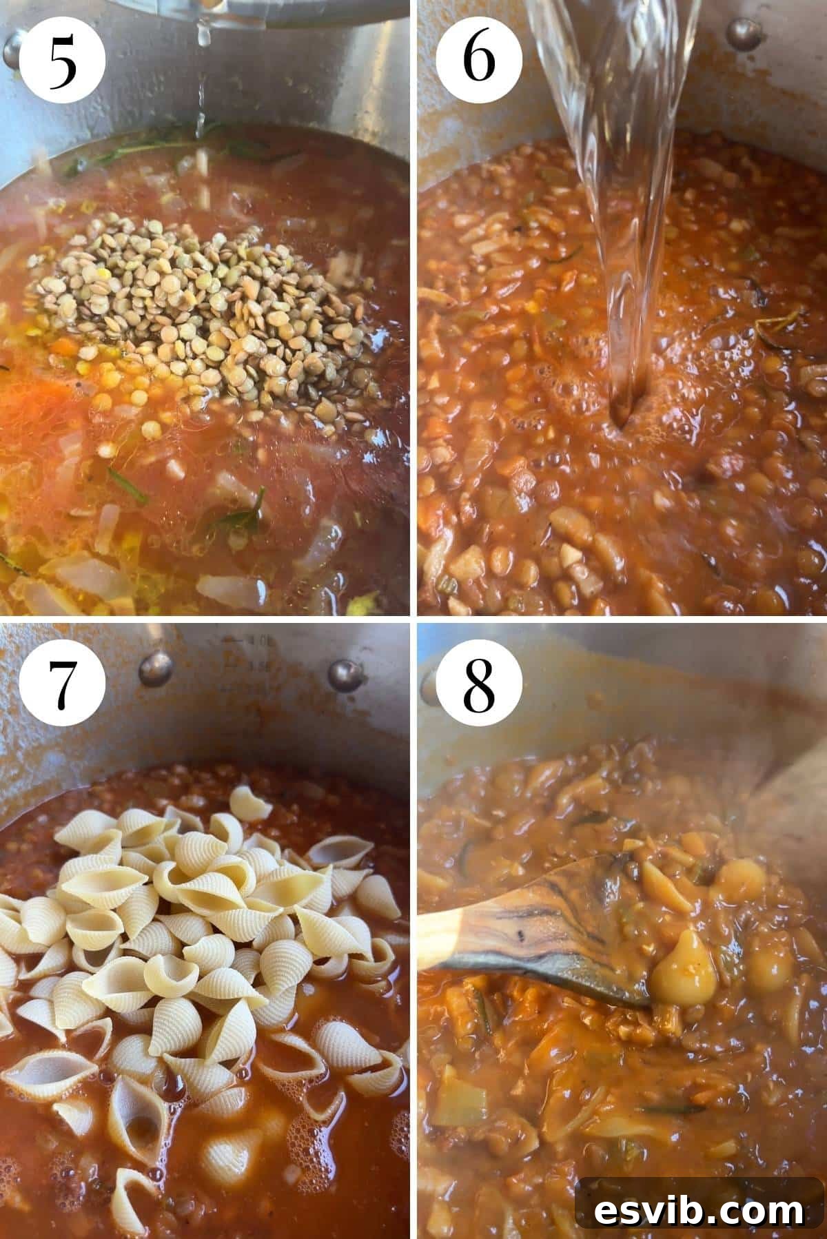 A four-photo collage illustrating the subsequent steps: adding garlic, deglazing with white wine, then incorporating passata, rinsed lentils, and vegetable stock for simmering.