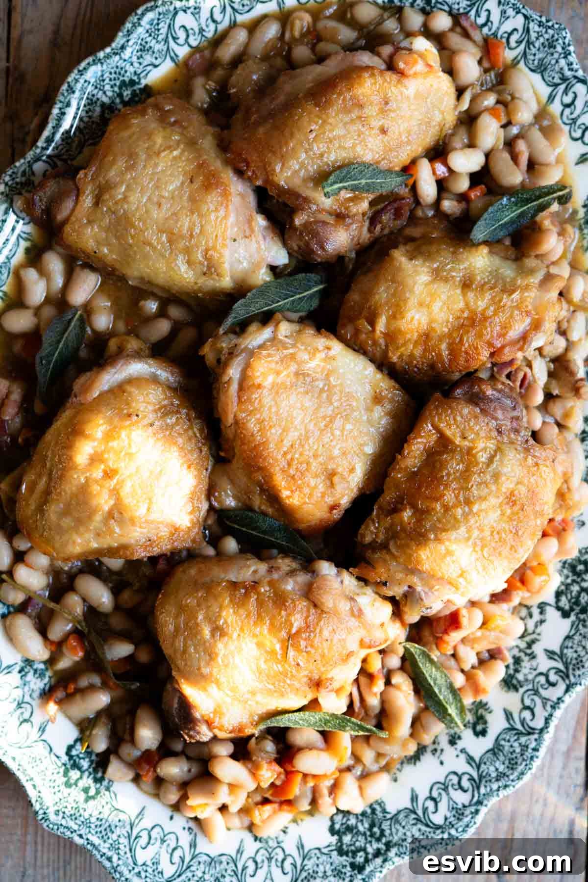 Rustic Chicken and Bean Braise with Sage and Pancetta 2 Italian braised chicken thighs on a bed of cannellini beans and vegetables served on a green vintage style serving plate.