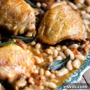 Rustic Chicken and Bean Braise with Sage and Pancetta 7 A close up of braised chicken thighs sitting on a plate with beans in sauce with sage and vegetables.