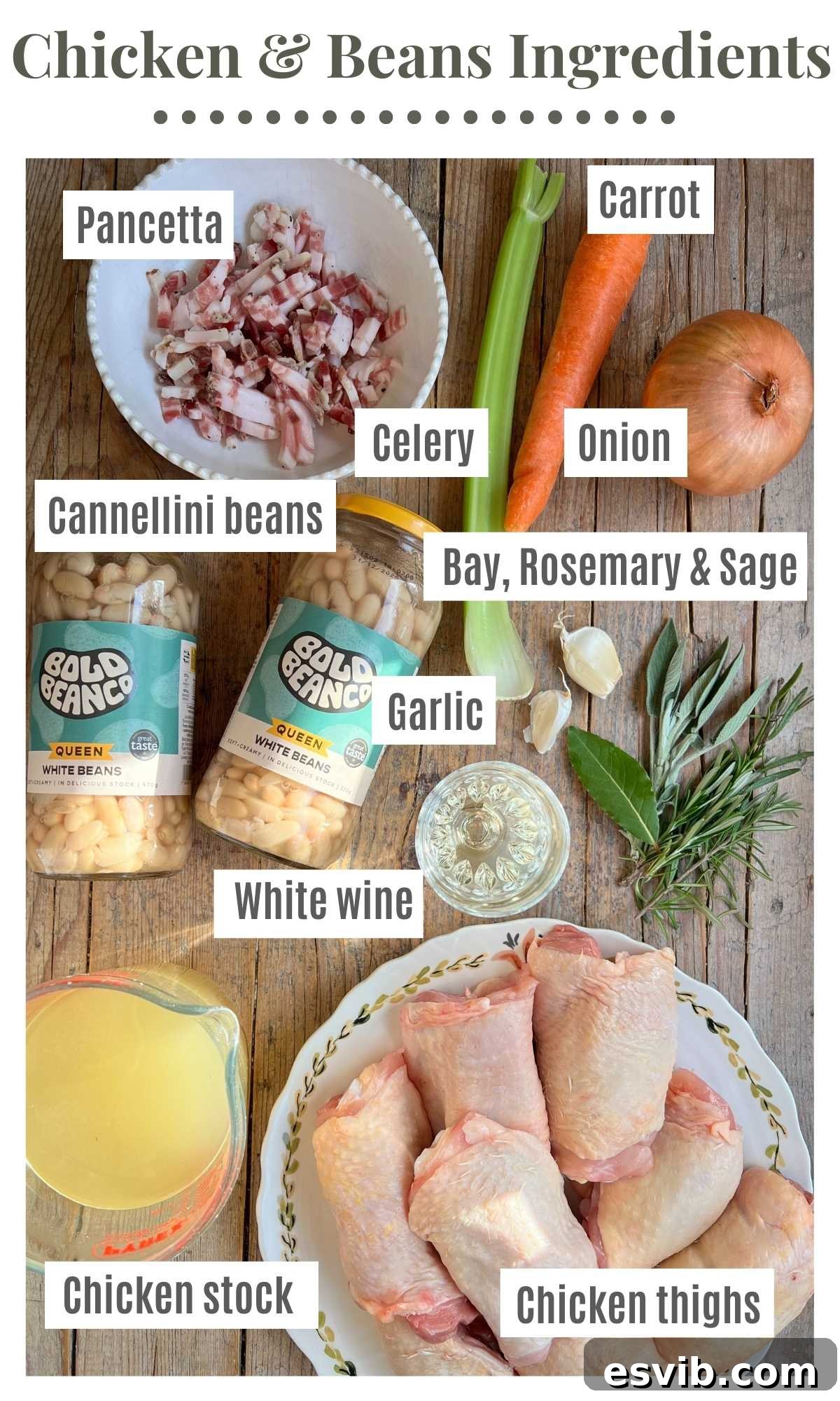 Rustic Chicken and Bean Braise with Sage and Pancetta 3 An overhead shot of all the ingredients needed to make Italian braised chicken thighs and beans.