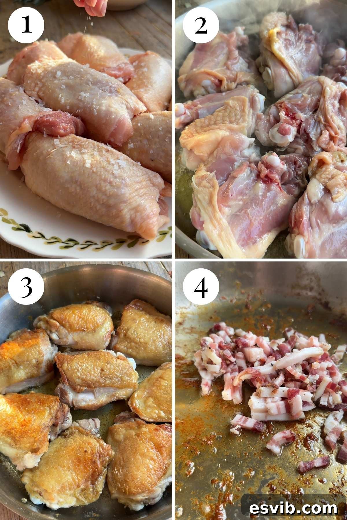 Rustic Chicken and Bean Braise with Sage and Pancetta 4 Four photos in a collage showing how to brown chicken thighs and pancetta.