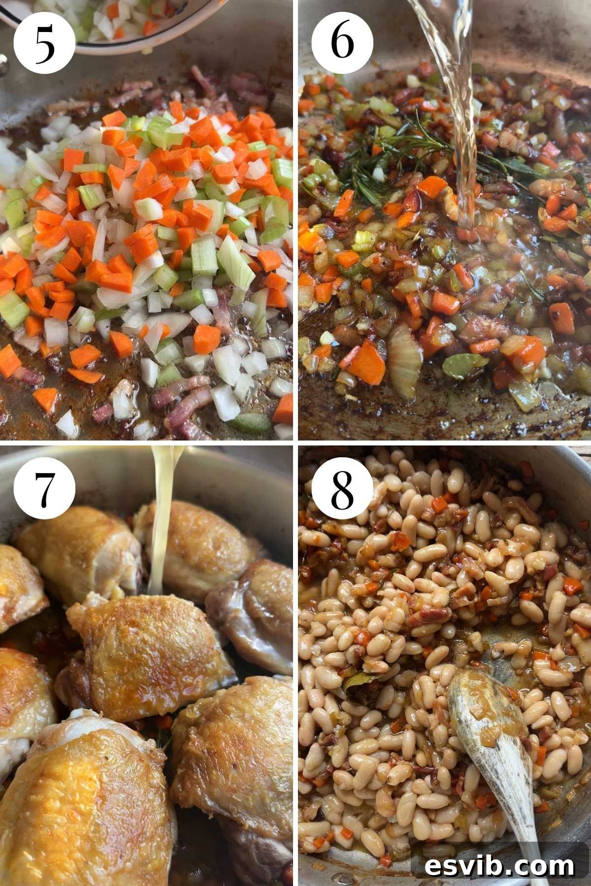 Rustic Chicken and Bean Braise with Sage and Pancetta 5 Four photos in a collage showing how to braise chicken and vegetables in stock with beans.