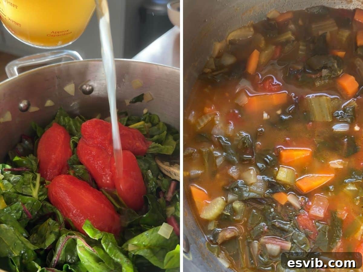 A collage showing the process of adding chard, drained tomatoes, and vegetable stock to the sautéed soffritto, followed by the soup simmering gently in the pot, developing rich flavors.