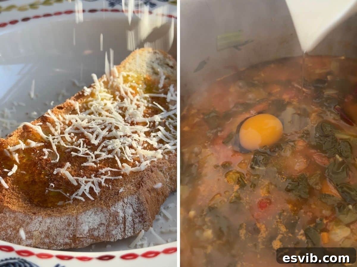 A two-part image showing grated Pecorino cheese being sprinkled over toasted bread in a bowl, and then eggs gently poaching in the simmering Acquacotta soup, preparing for serving.