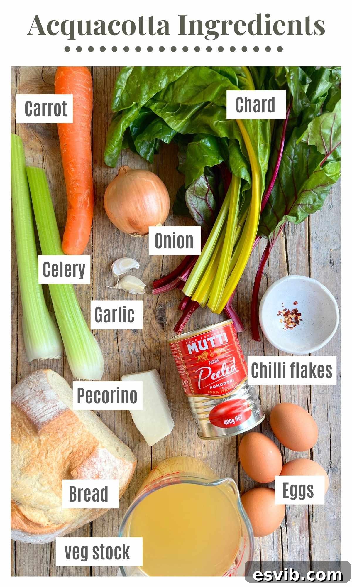 An overhead shot showcasing all the fresh, wholesome ingredients required to prepare a traditional Tuscan Acquacotta soup, beautifully arranged on a rustic wooden table, ready for cooking.