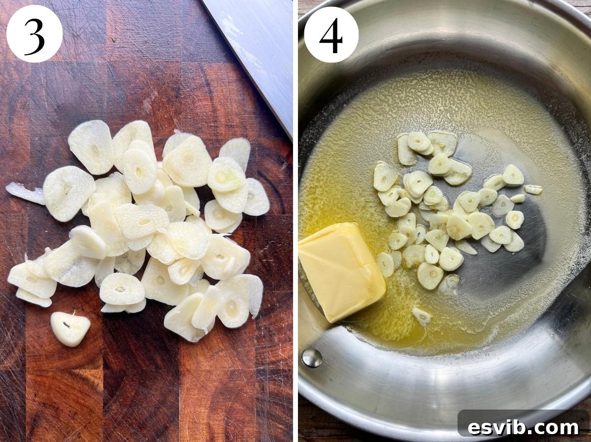 Two photos showing finely sliced garlic and garlic gently cooking in butter in a pan.