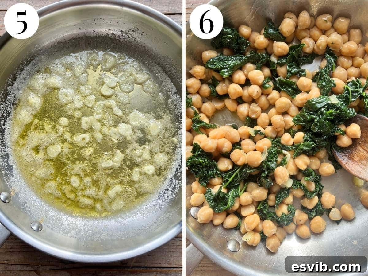 Two photos showing perfectly cooked soft garlic and chickpeas and kale being added to the pan.
