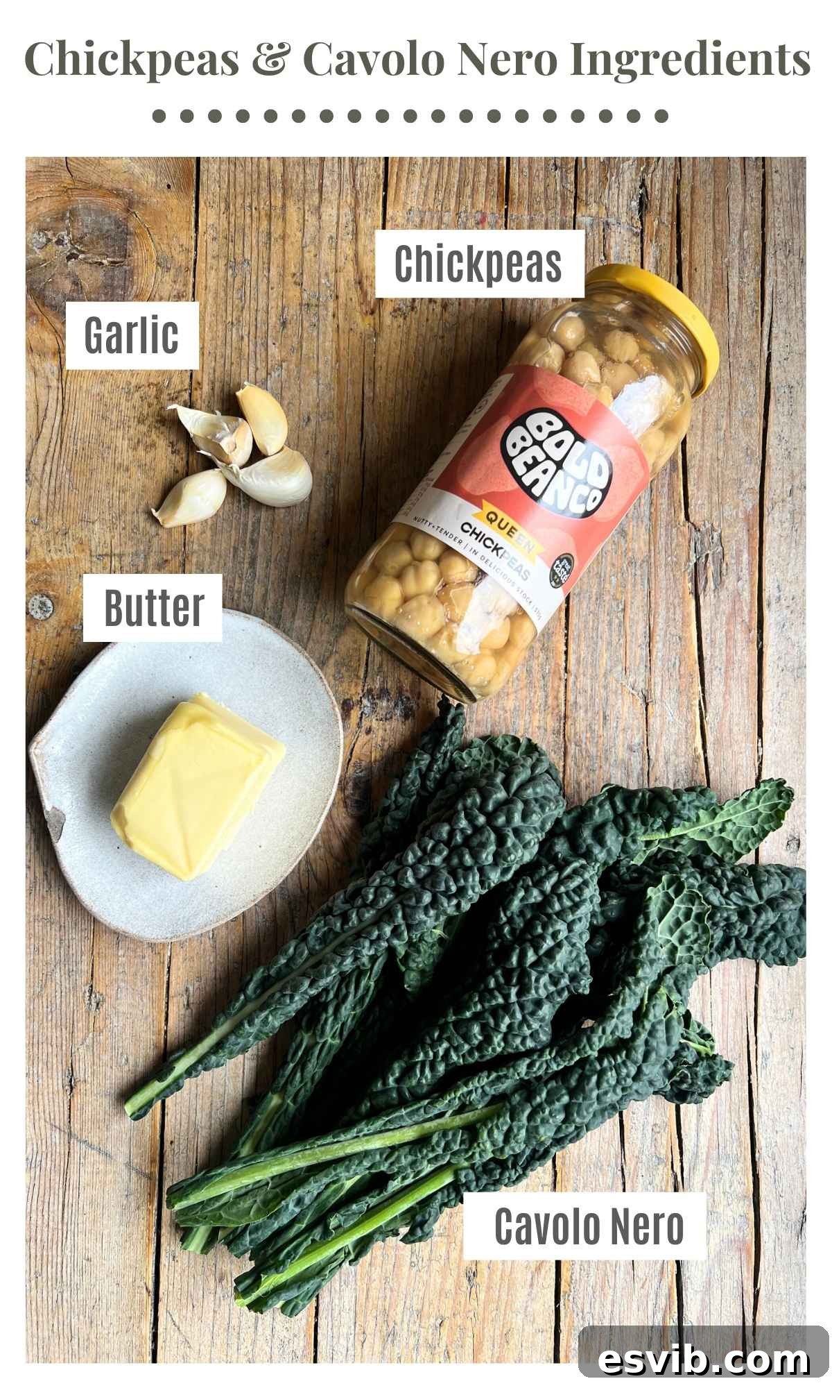 An overhead shot of all the ingredients needed to make garlic butter chickpeas and cavolo nero.