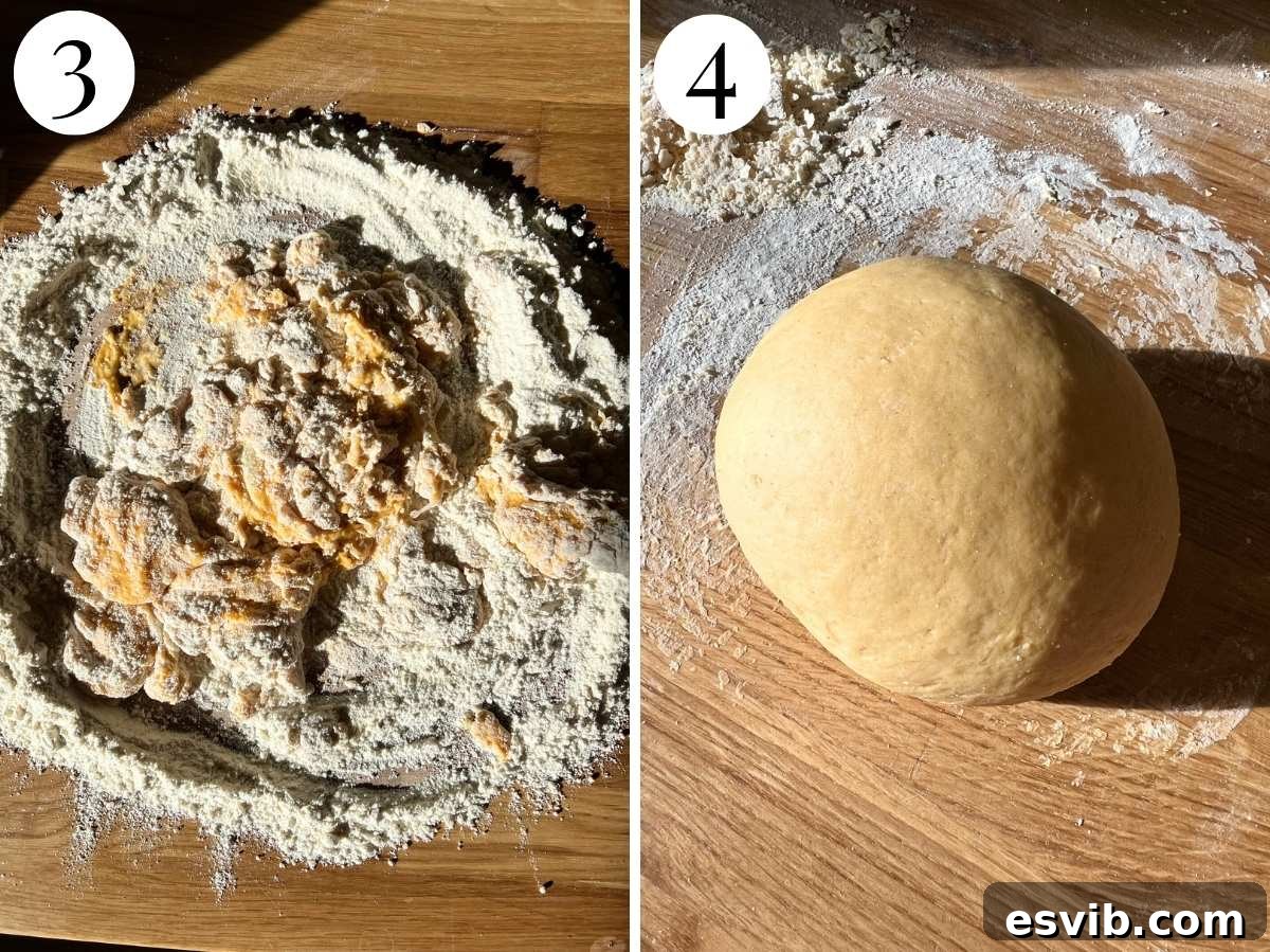 Two photos in a collage showing how to knead pasta dough.