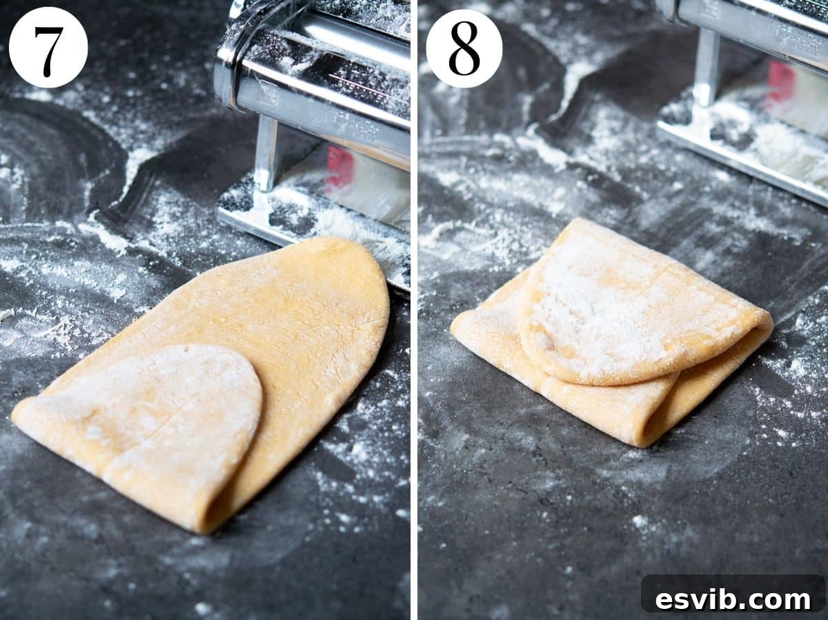 Two photos showing folding pasta dough to pass through a pasta machine.