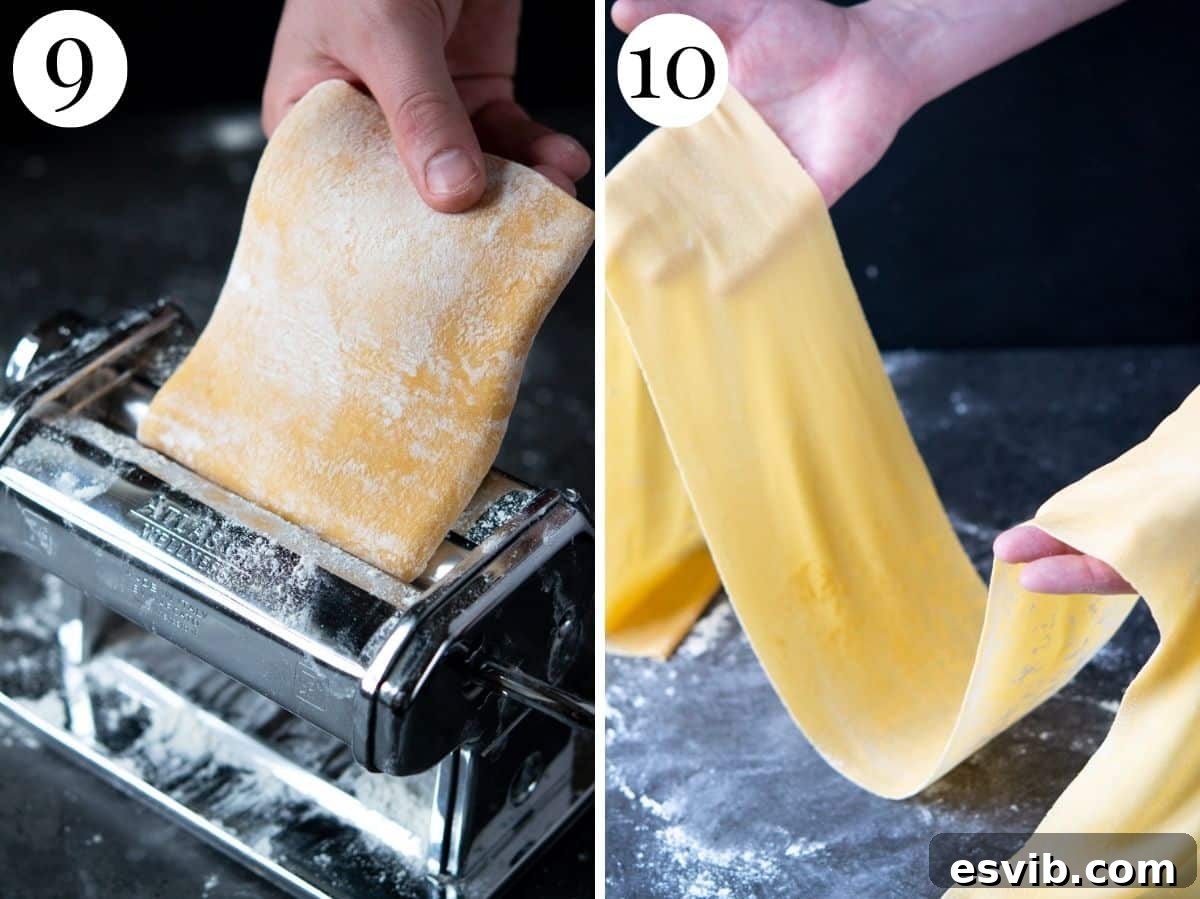 Two photos showing how to roll pasta dough through a pasta machine.