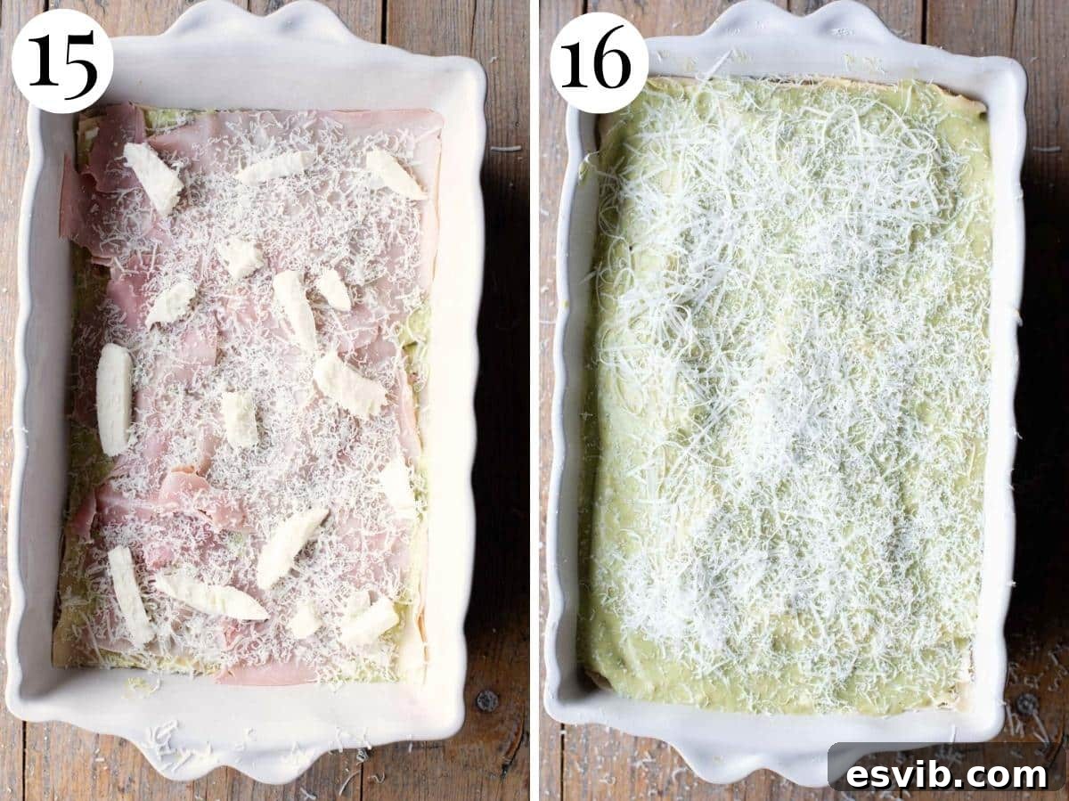 Two photos showing ham and mozzarella on a layer of lasagna then the top layer covered in sauce.