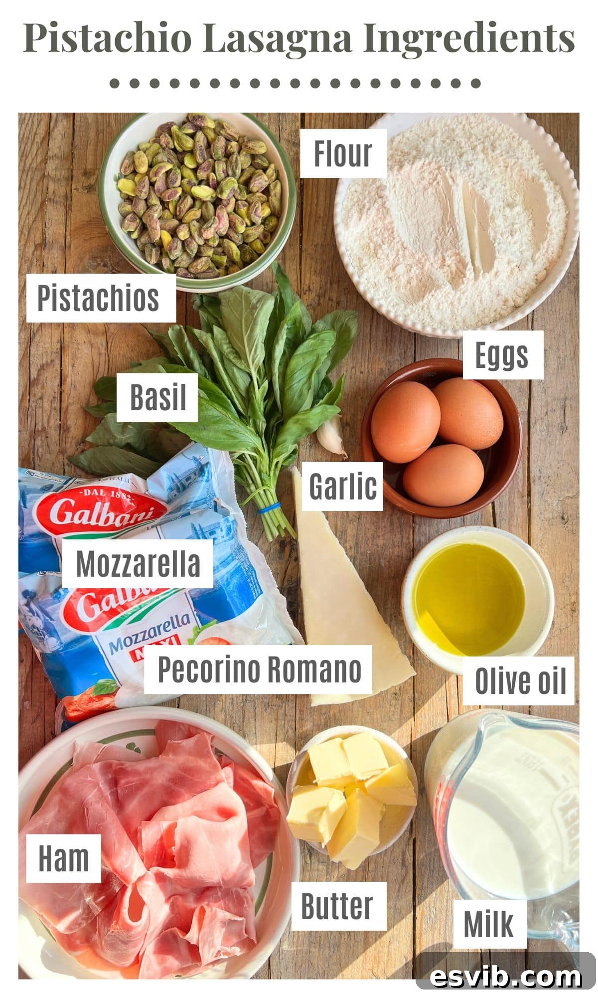 All the ingredients needed to make a Pistachio lasagna laying on a wooden surface.