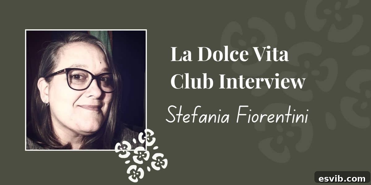A Tuscan Conversation with Stefania Fiorentini 2 A graphic for La Dolce Vita Club Interview with a headshot of an Italian woman in glasses. She smiles warmly, representing the inviting spirit of Tuscan culinary traditions.