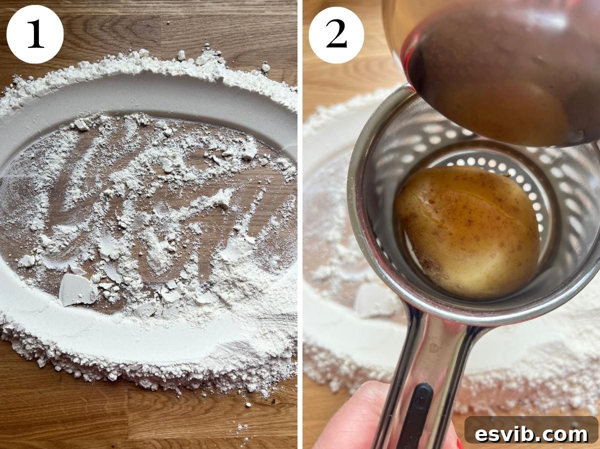 Two photos in a collage showing how to add flour and potatoes together to make gnocchi.