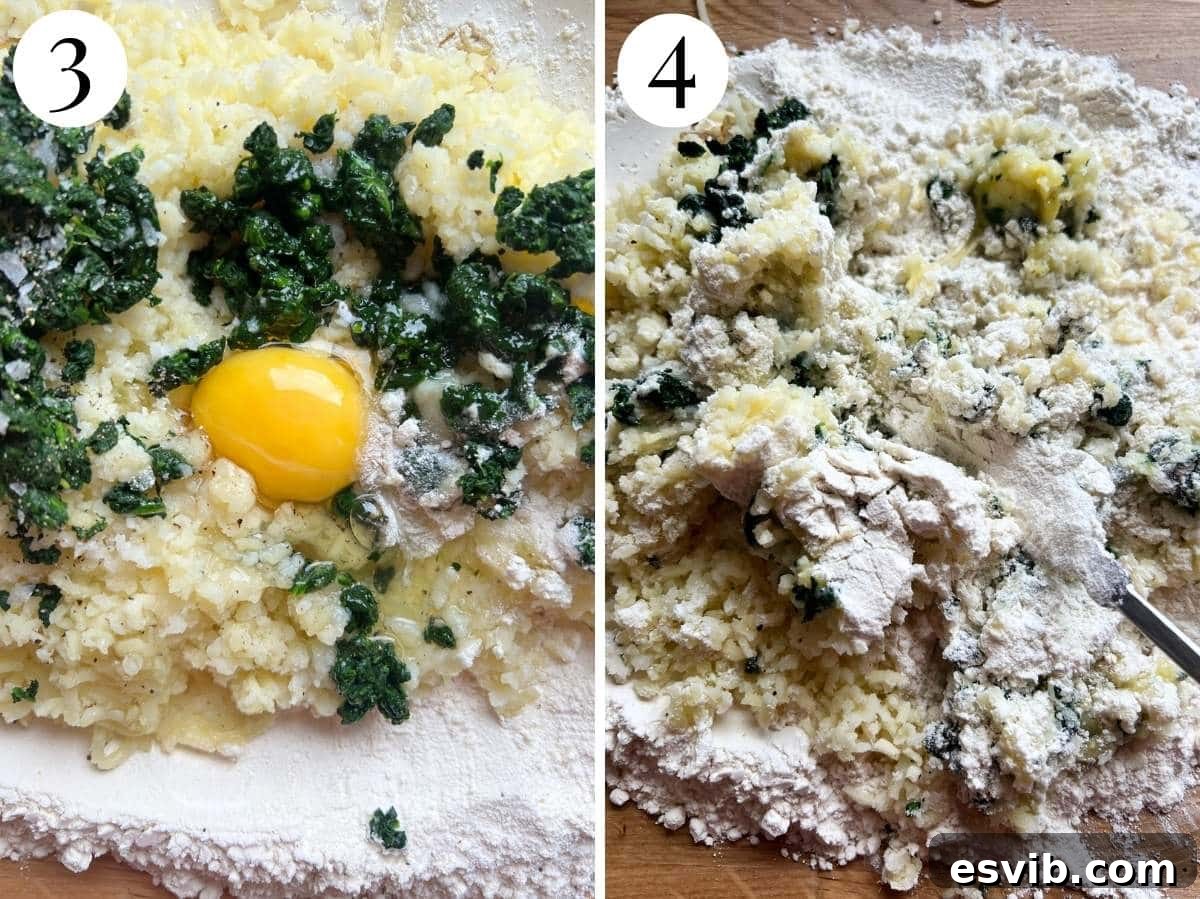 Two photos in a collage showing how to make spinach and potato gnocchi dough.