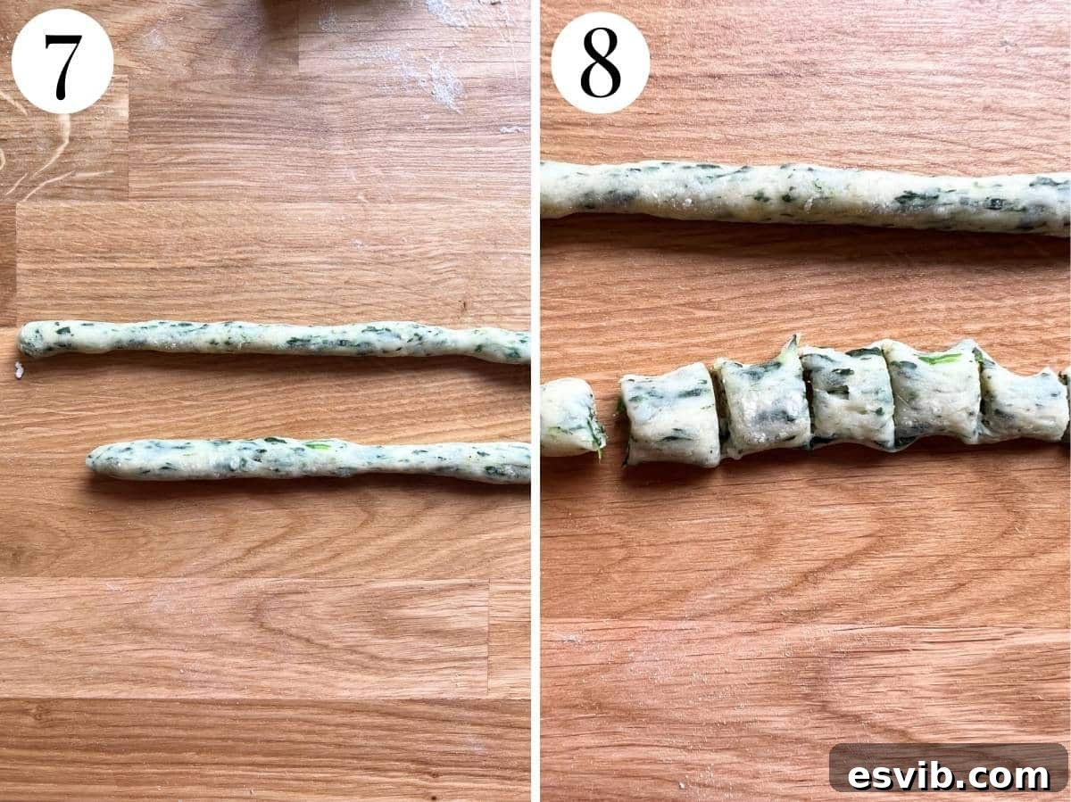 Two photos in a collage showing how to roll gnocchi dough into thin logs and cut into gnocchette.