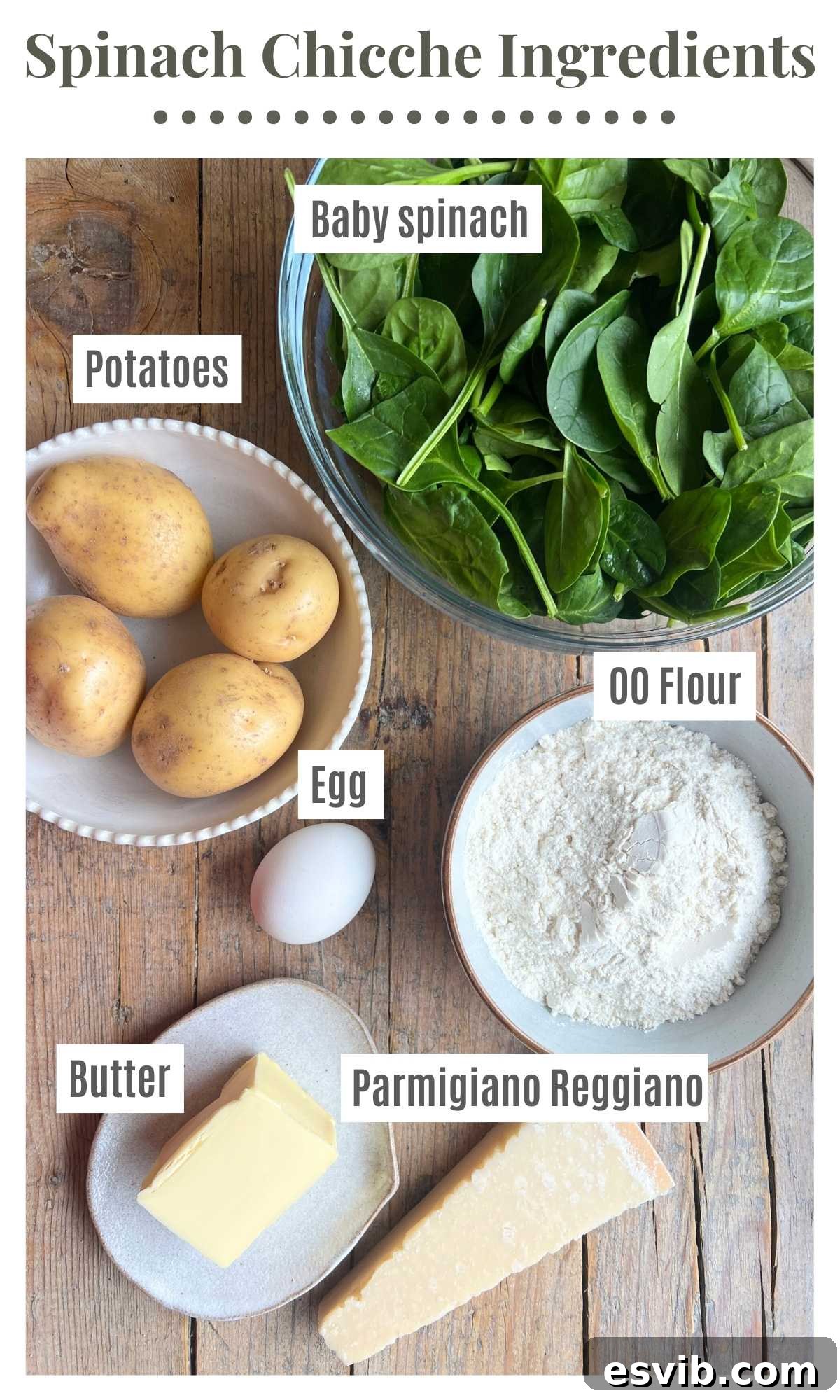 Emerald Chicche with Golden Parmigiano Butter 3 An overhead shot of all the ingredients needed to make mini spinach gnocchi (chicche) with a parmigiano butter sauce.