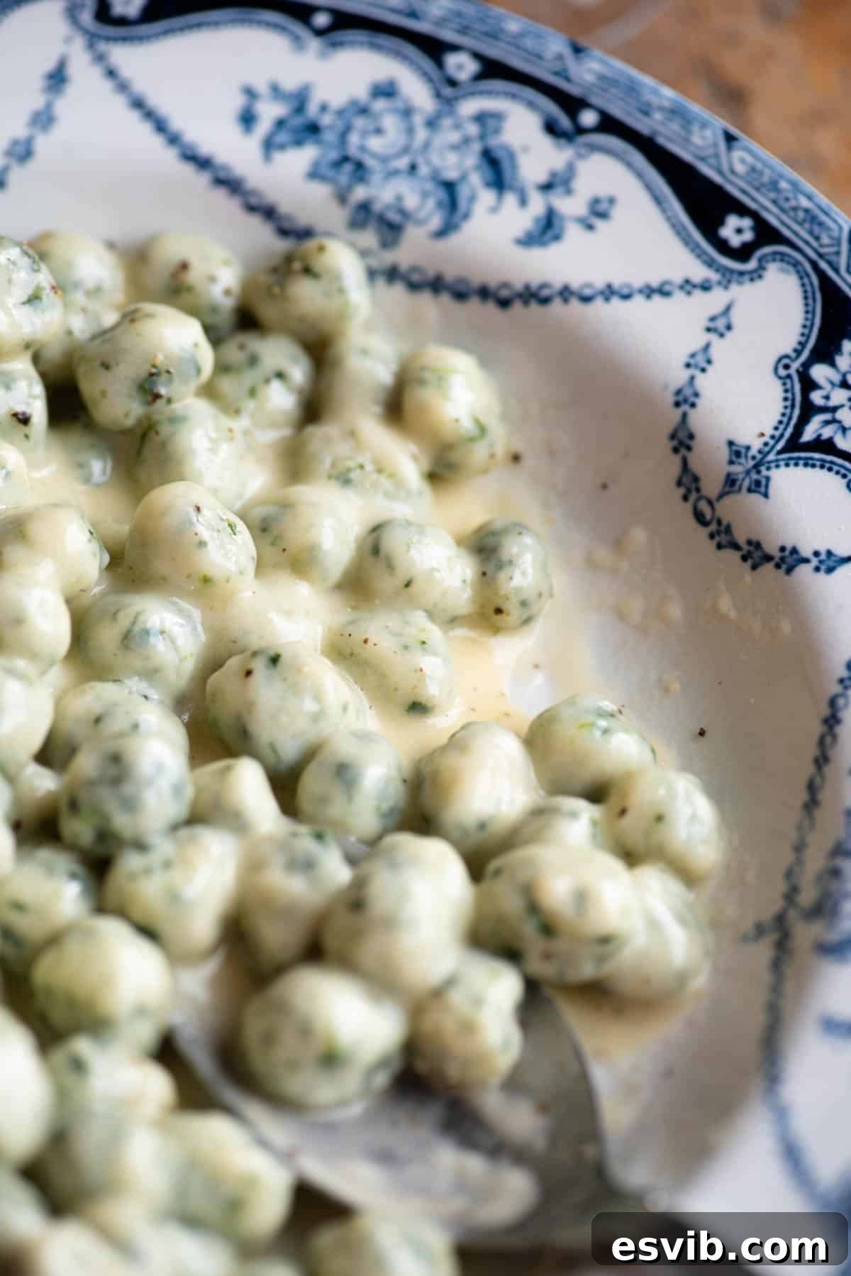 Emerald Chicche with Golden Parmigiano Butter 5 A close up of mini spinach and potato gnocchi with a creamy butter and parmigiano sauce.