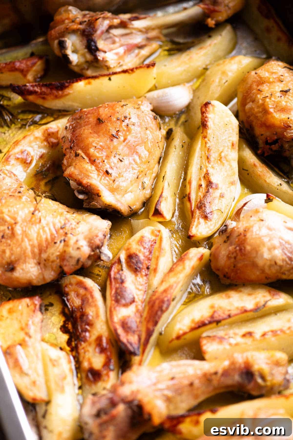 A close up side shot of golden-brown roasted chicken thighs and drumsticks nestled among perfectly tender potato wedges in a roasting tray, showcasing the delicious textures and vibrant herbs.