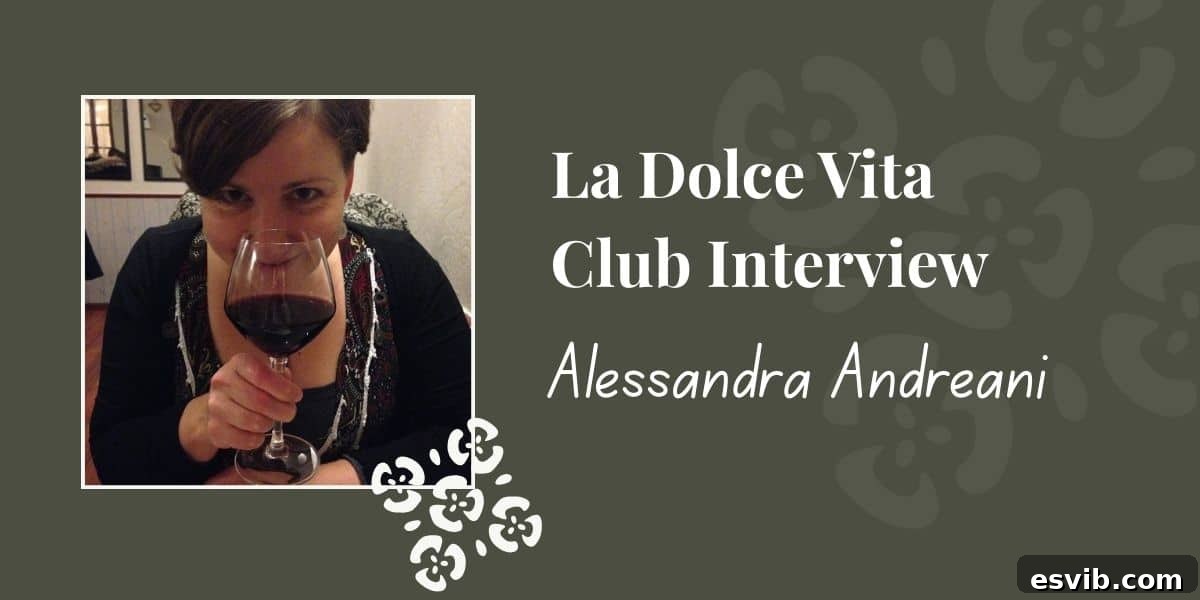 A graphic for La Dolce Vita Club Interview with a headshot of an Italian woman holding a glass of wine over her face and smiling, embodying the joy of Italian food and wine culture.