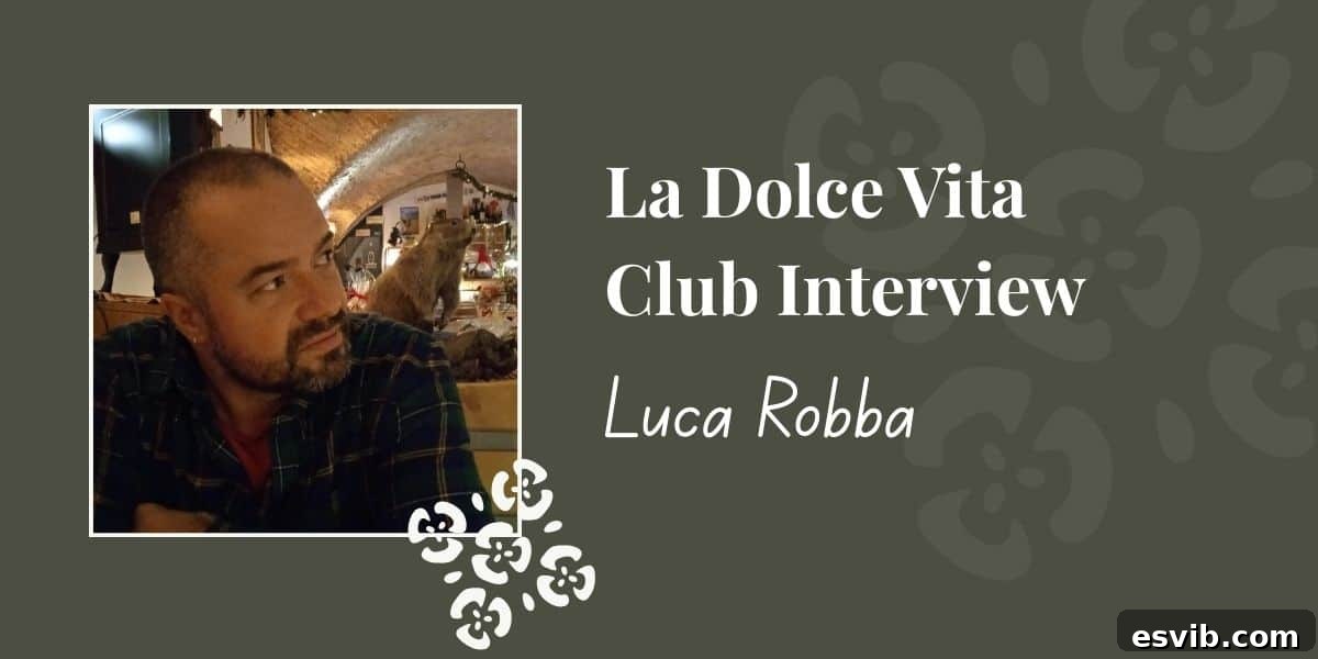 A Conversation with Luca Robba on Friuli Venezia Giulia 2 A graphic for la Dolce Vita Club Interview with a headshot of an Italian man sitting at a restaurant table.