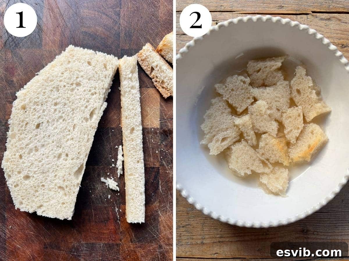 Two sequential photos illustrating the preparation of stale bread: first, removing the crusts, and second, soaking the bread pieces in white wine vinegar.